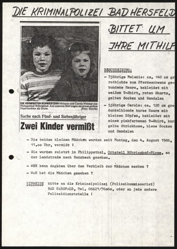 Suchplakat Melanie und Karola Weimar